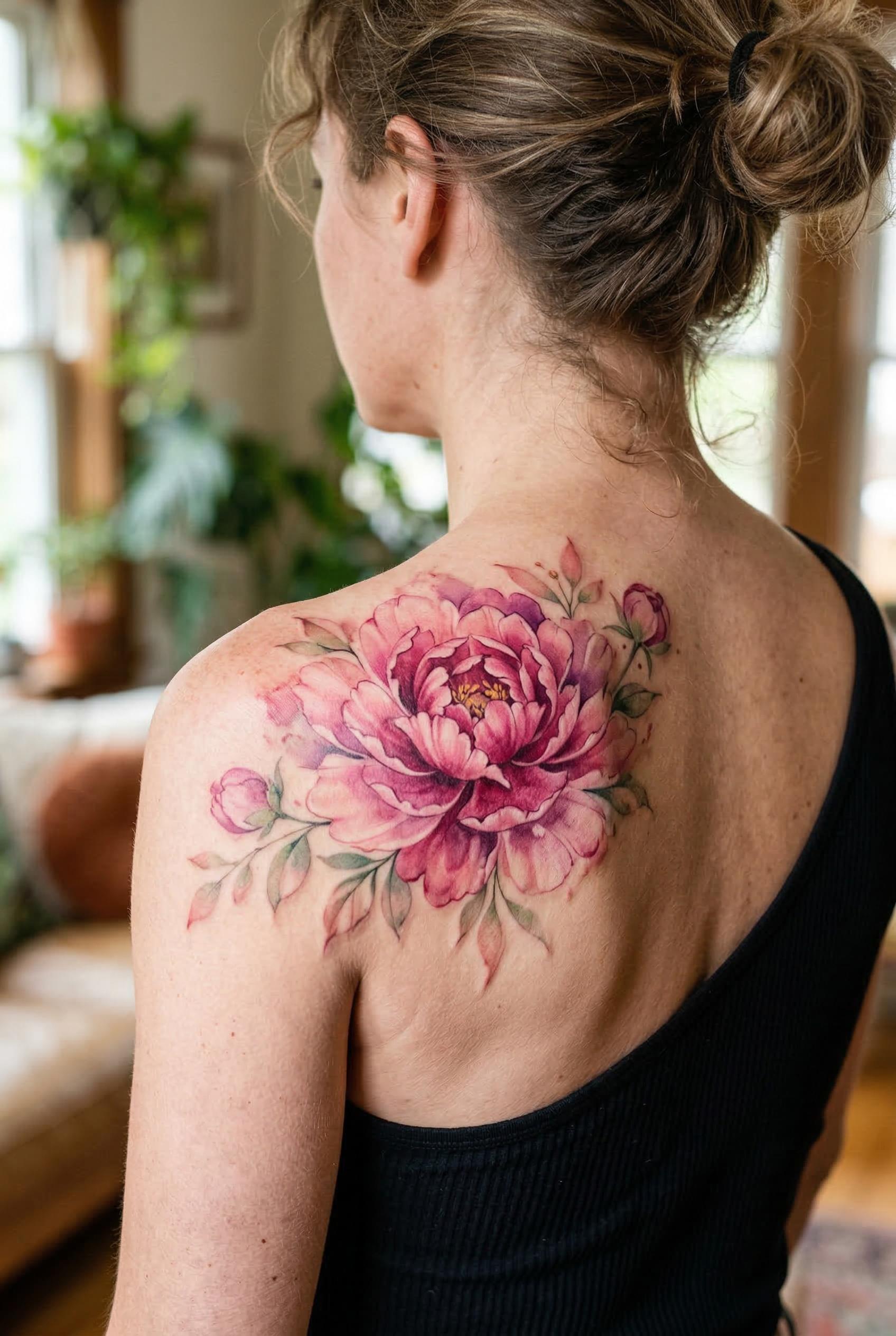 A lush watercolor-style peony tattoo in full bloom on a woman's shoulder blade, soft pinks and deep magentas bleeding an