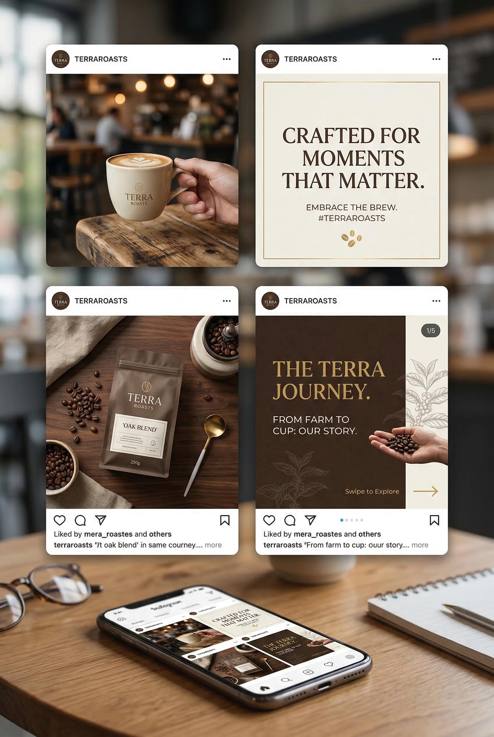 A cohesive set of four Instagram post designs for a premium coffee brand, earth tone color palette with dark brown cream