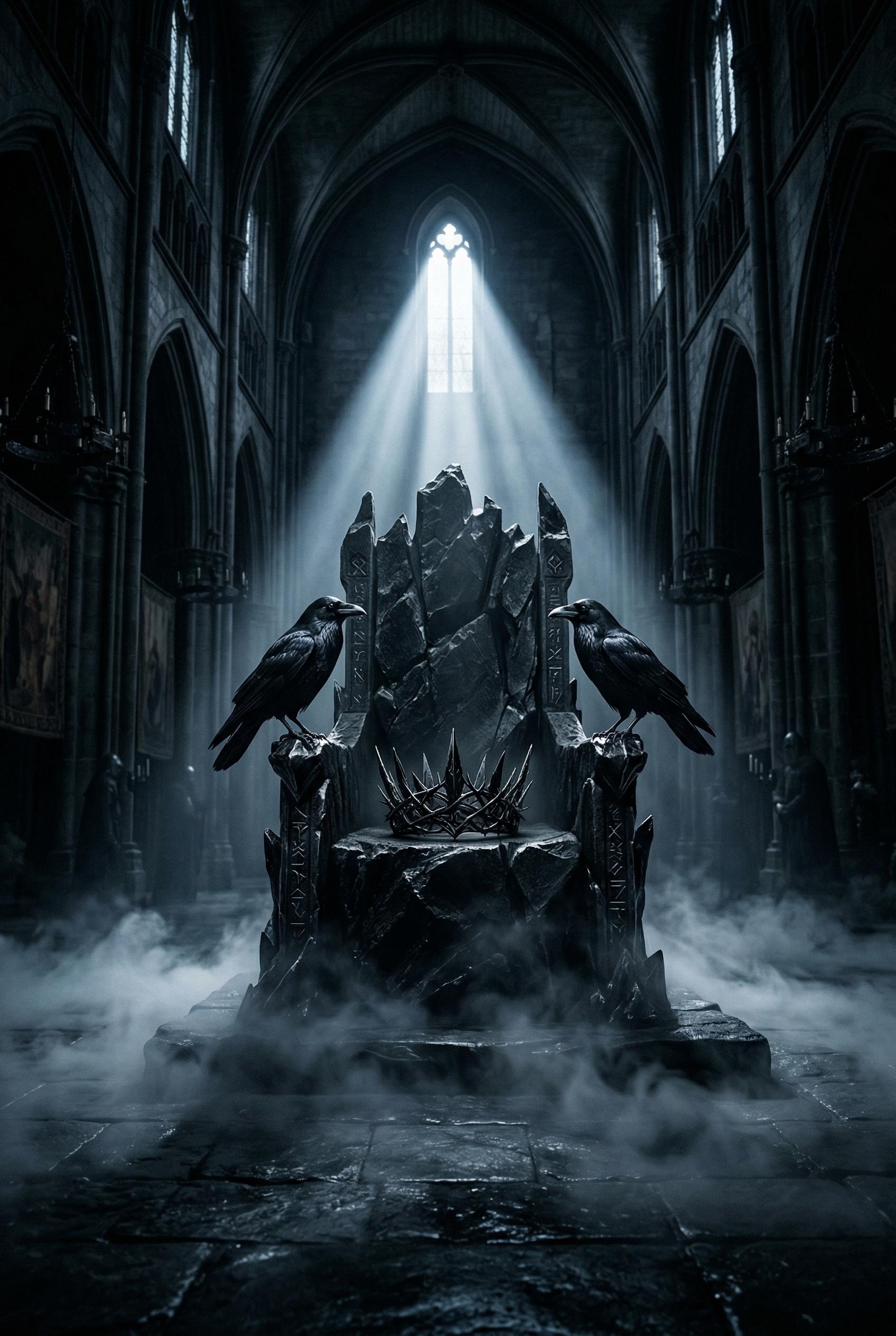 A dark imposing throne room with towering black stone walls and gothic vaulted ceilings disappearing into shadow, at the