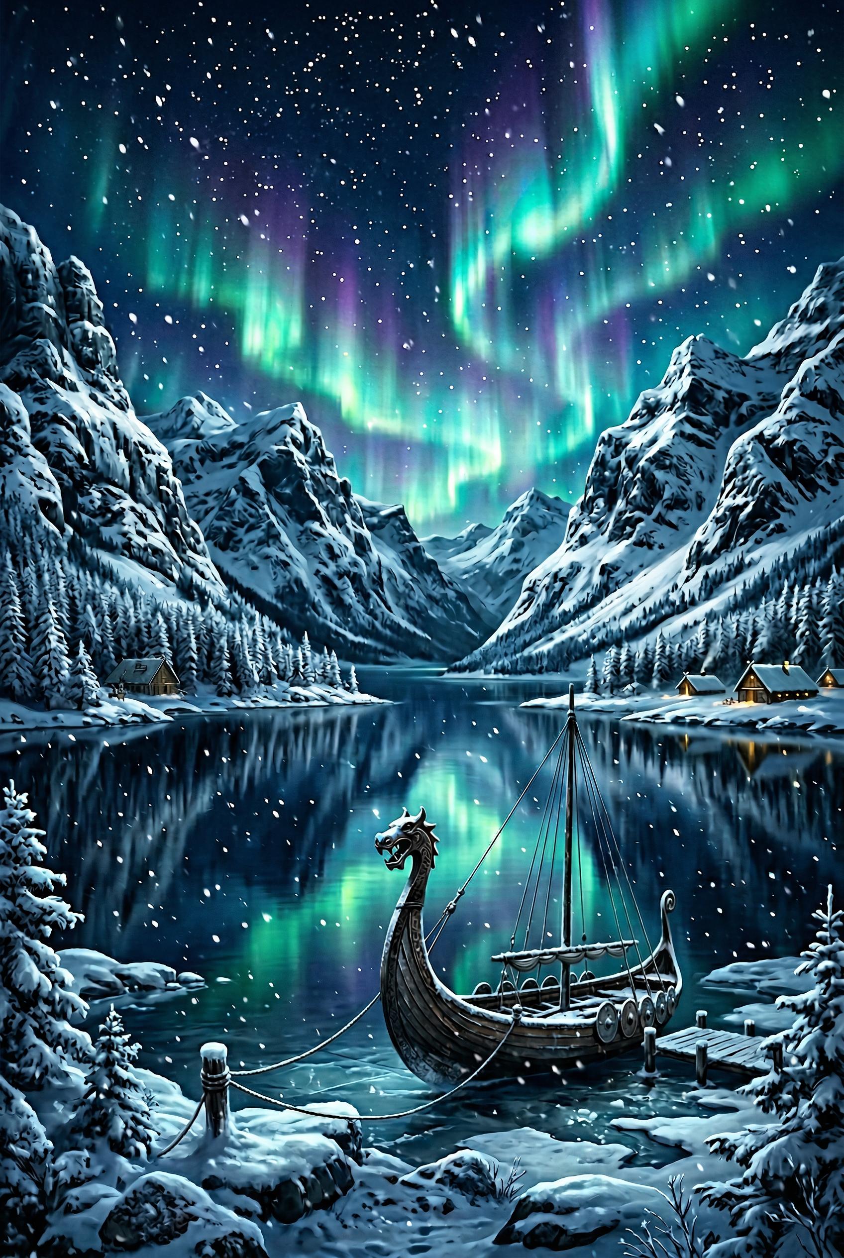 A breathtaking panoramic view of a frozen Viking fjord in winter, towering snow-covered mountain peaks on both sides of 