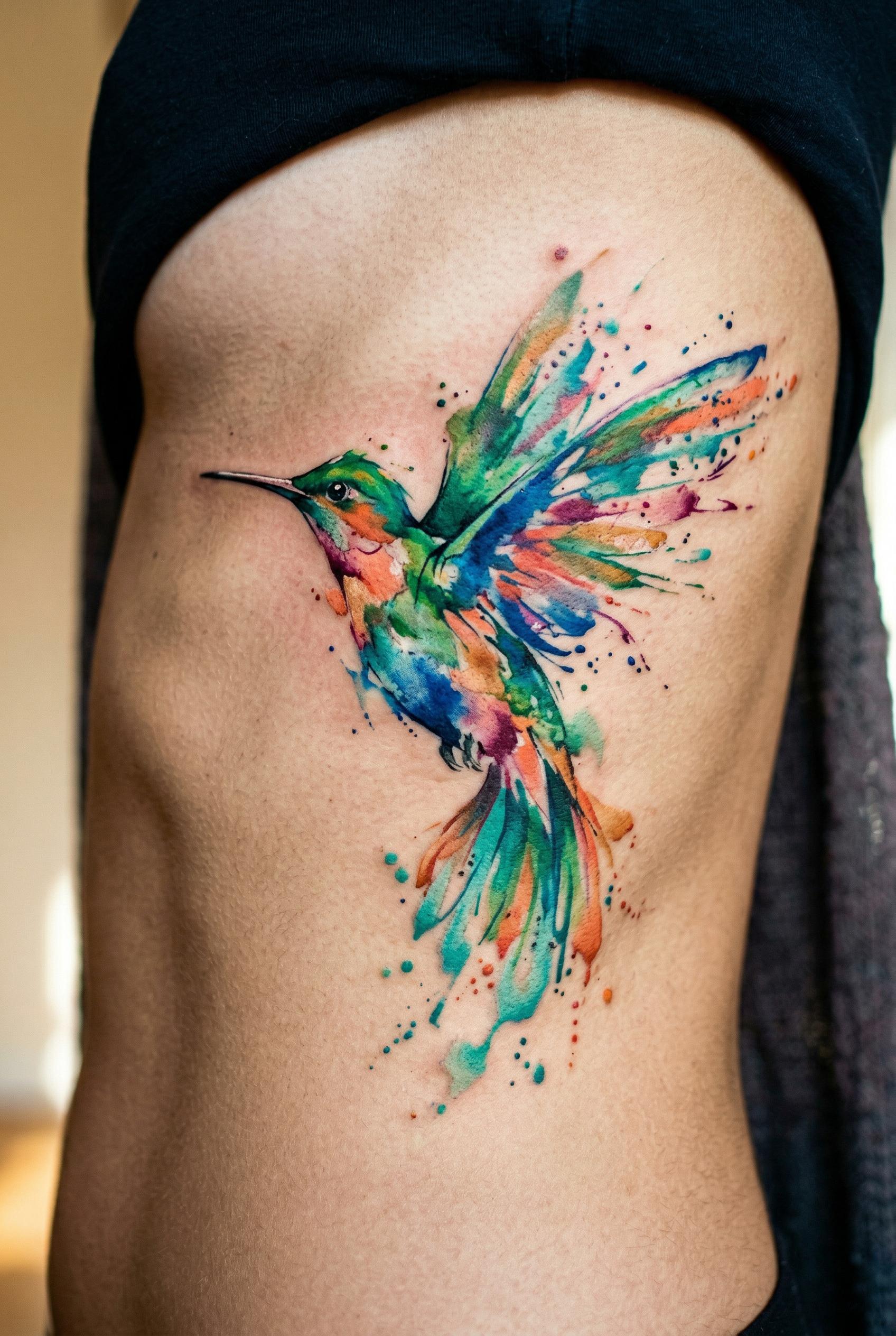 A vibrant watercolor hummingbird tattoo in mid-flight on the ribcage, wings spread and blurred with motion,...