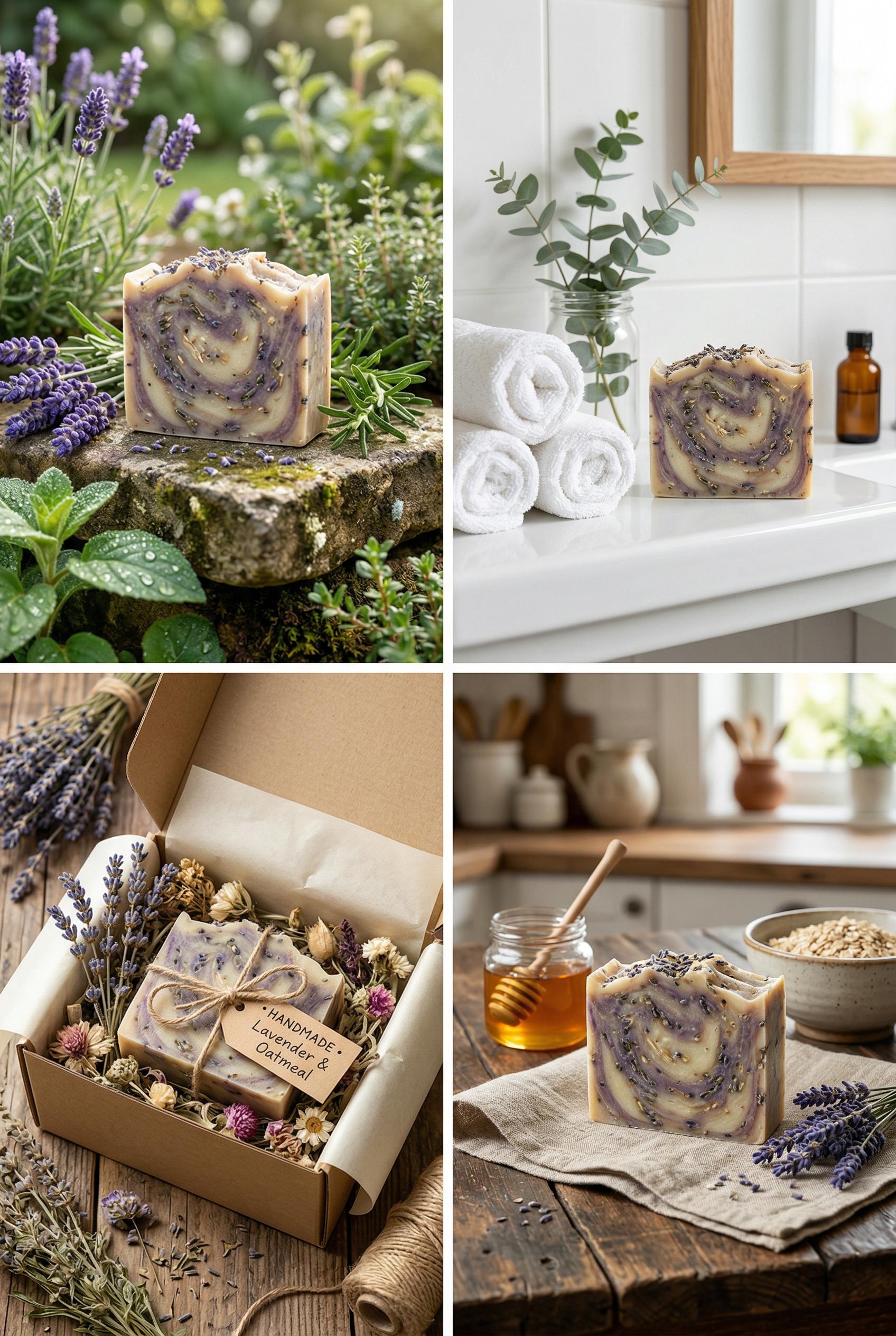A 2x2 grid showing the same handmade artisan soap bar with swirled lavender and oatmeal texture photographed in four dif