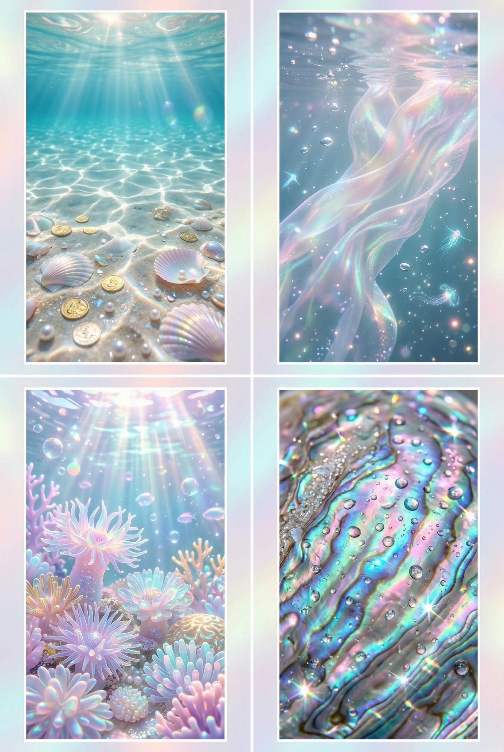 A clean 2x2 grid layout of four distinct mermaidcore aesthetic iPhone wallpaper designs, each panel 