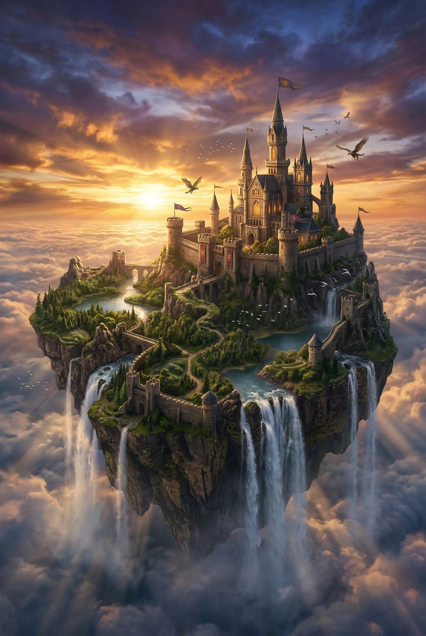A majestic castle perched on a floating island high above the clouds, waterfalls cascading off the edges into mist below, lush green vegetation on the island, dramatic sunset sky with orange and purple clouds, birds flying around the castle, epic fantasy landscape, matte painting style, cinematic, highly detailed