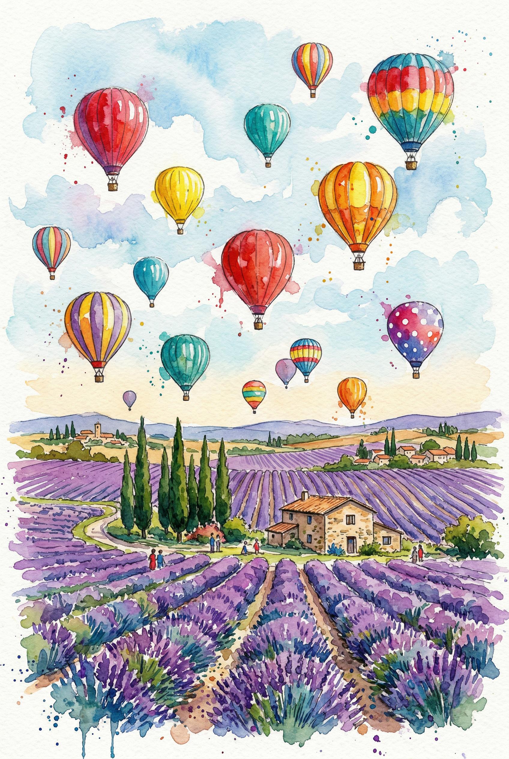 A whimsical scene of a hot air balloon festival over the lavender fields of Provence, France, multiple colorful hot air
