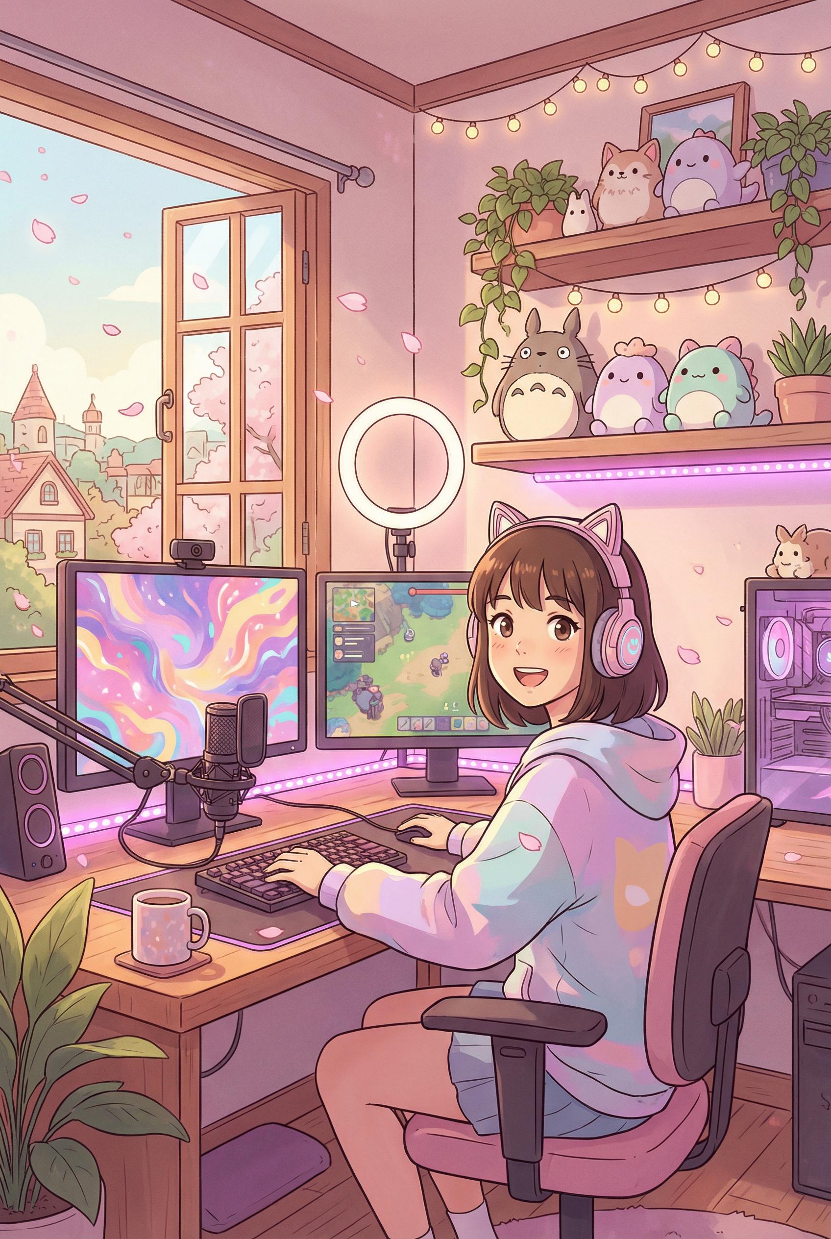 Cute anime girl sitting at aesthetic desk setup with multiple monitors displaying colorful graphics, soft pink and purpl