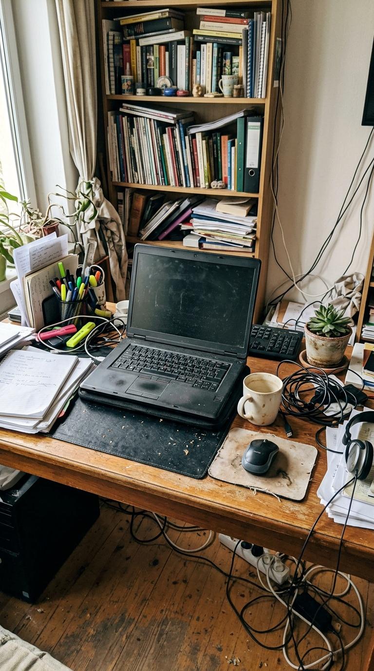 Amateur handheld phone photo of a slightly messy home desk area before redesign, imperfect wide-angle frami...