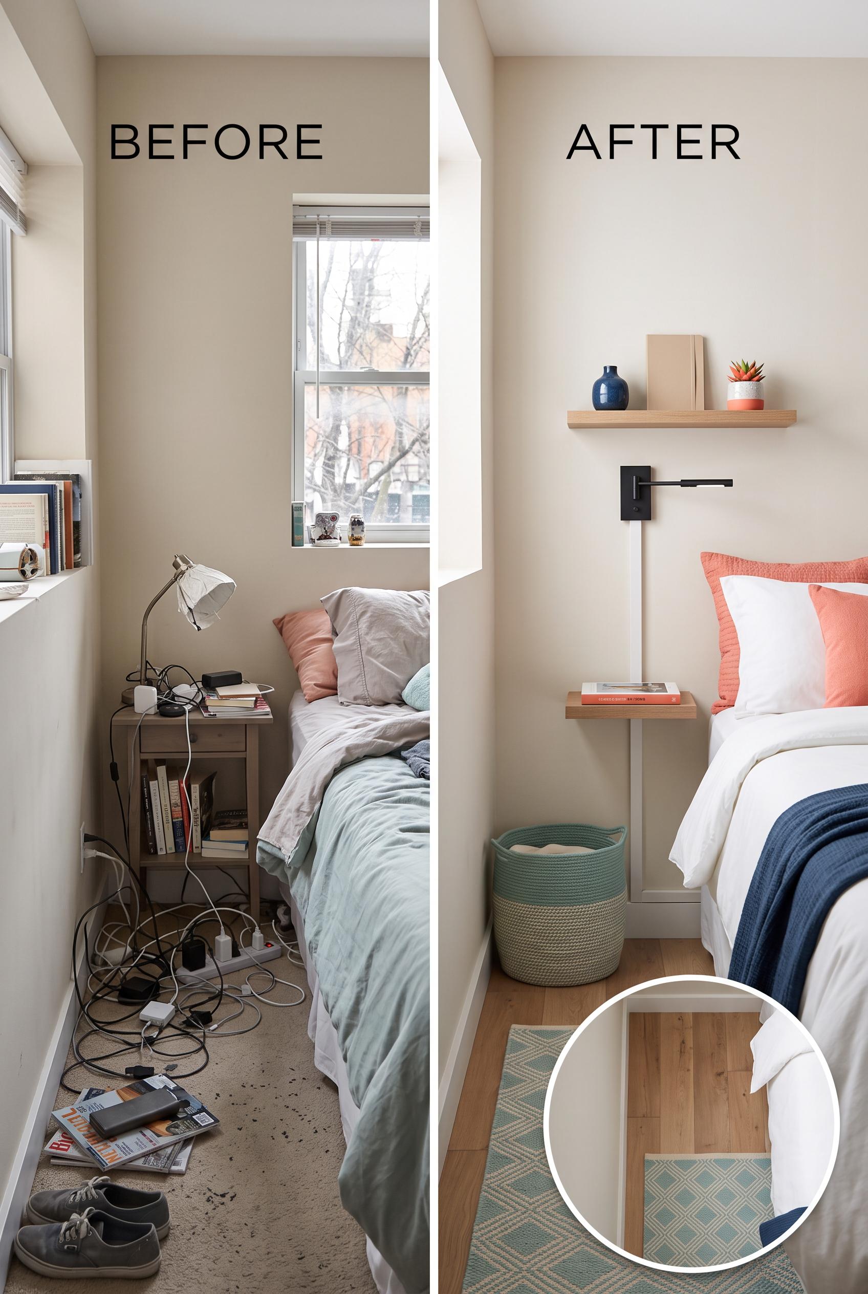 Create a commercial-quality interior design before-and-after image in a vertical 2:3 Pinterest compo