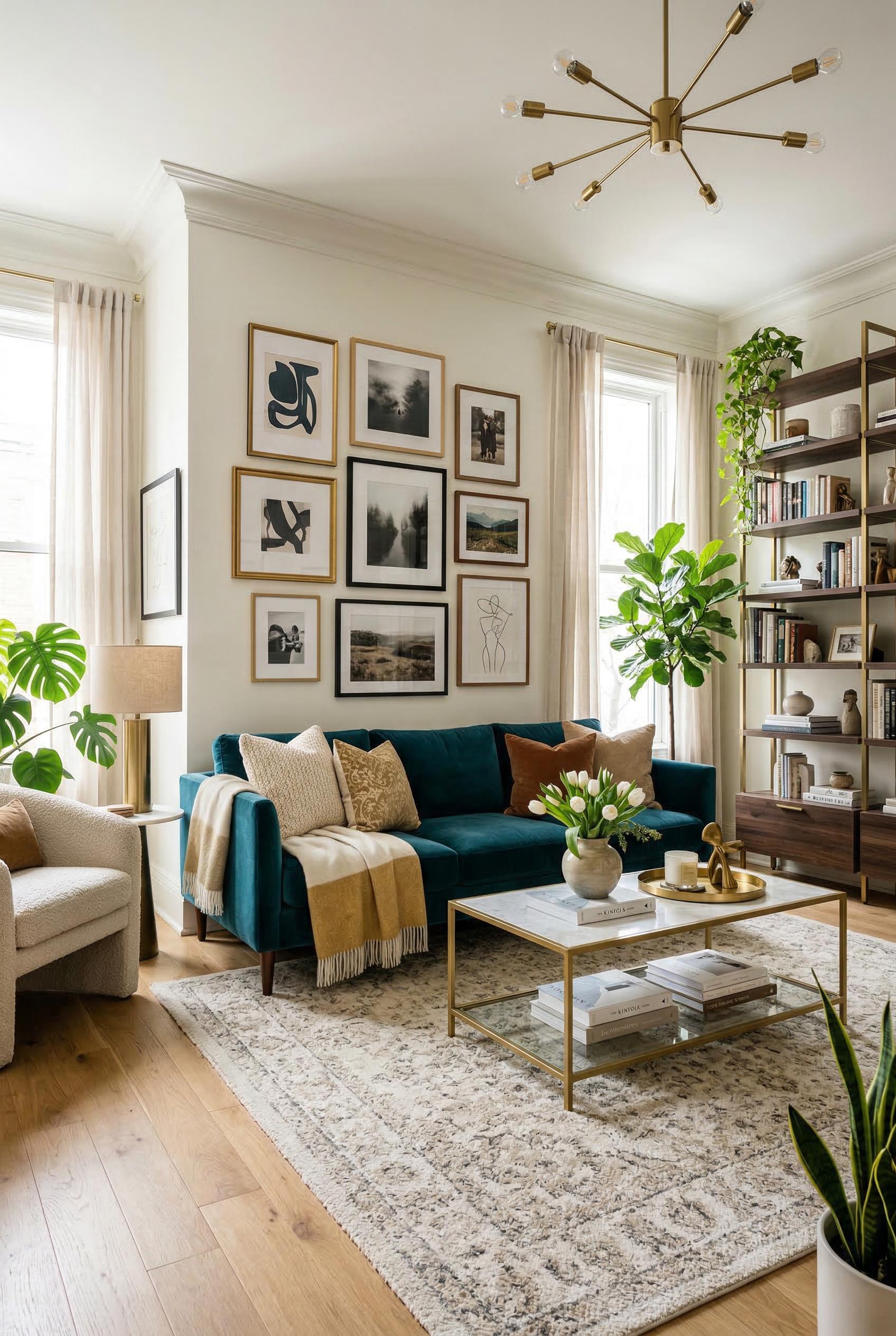 A beautifully designed modern living room with a teal velvet sofa, gold coffee table, gallery wall with framed art, styl