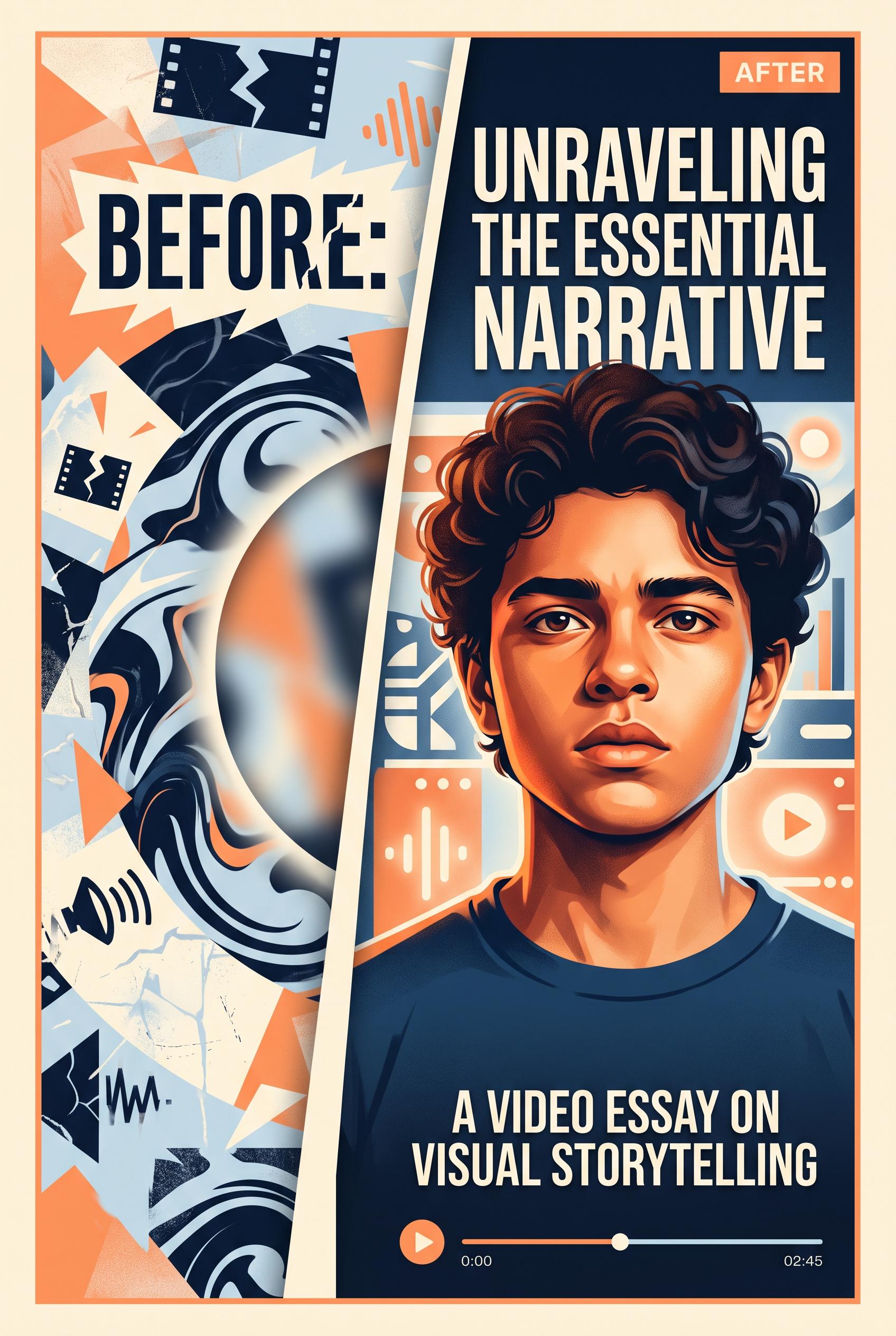 Create a commercial-quality vertical 2:3 Pinterest composition showing a fictional video essay cover