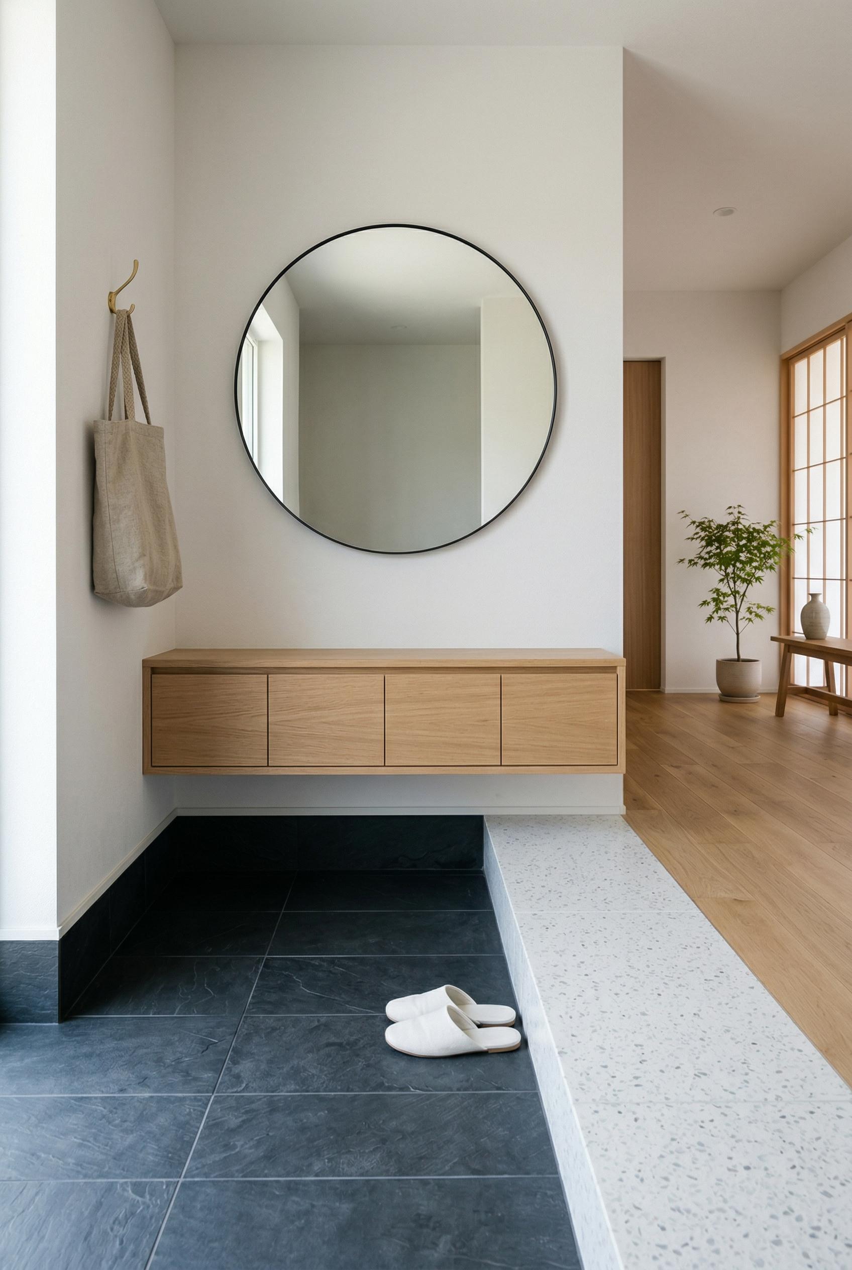 A minimalist Japanese genkan entryway with a floating light oak shoe cabinet mounted to the wall with nothing touching t