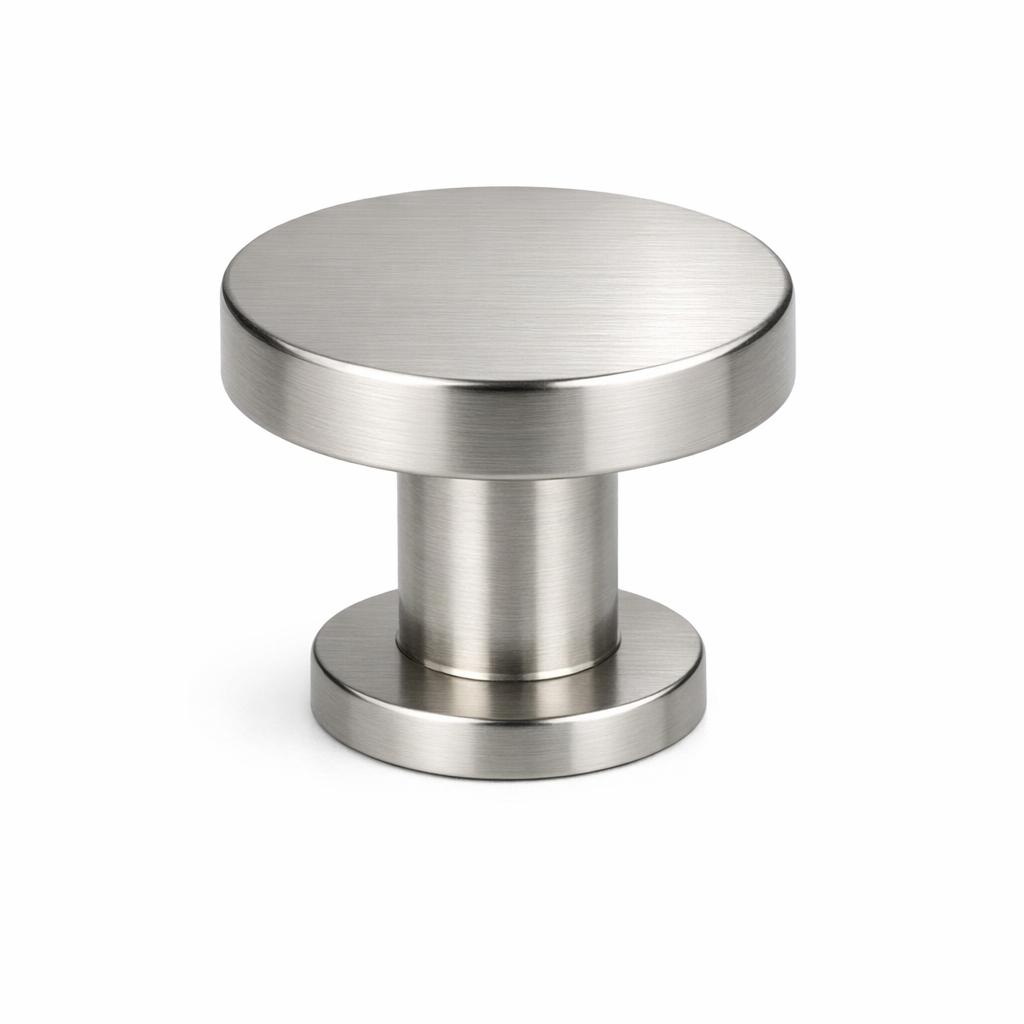 Commercial product photograph. A single residential cabinet knob. Smooth surface texture. Round Knob shape....