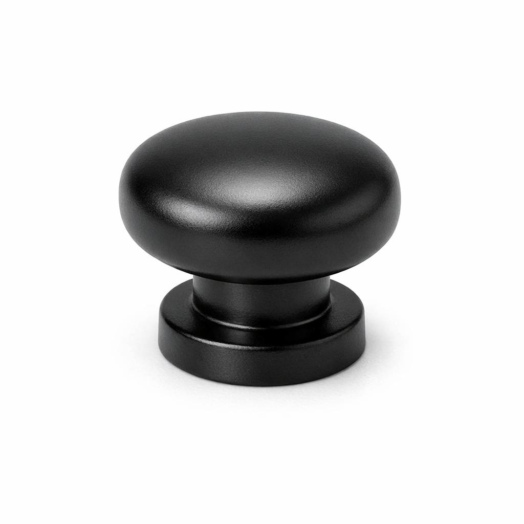 Commercial product photograph. A single residential cabinet knob. Smooth surface texture. Round Knob shape. Matte Black 