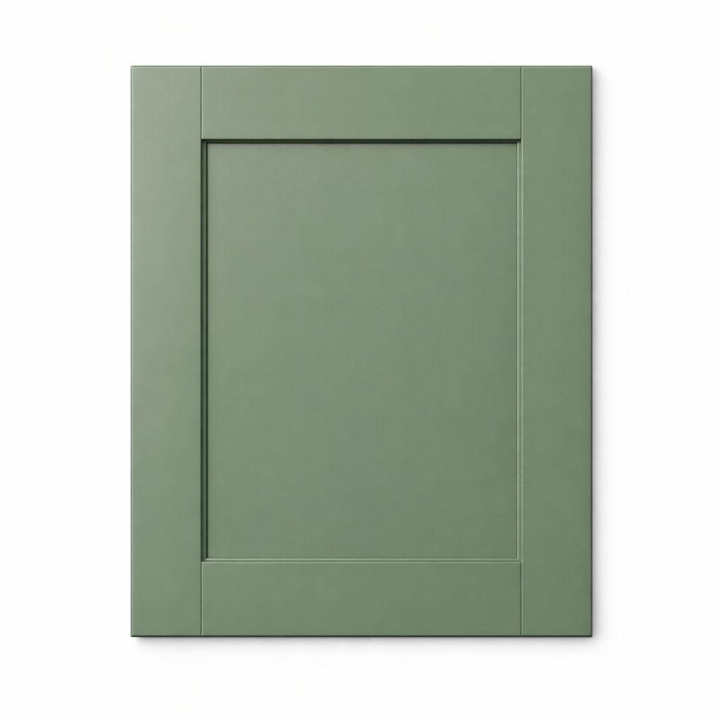 A single flat-lay product photograph of a Shaker kitchen cabinet door panel. Material: MDF. Color: Sage Green. Finish: P