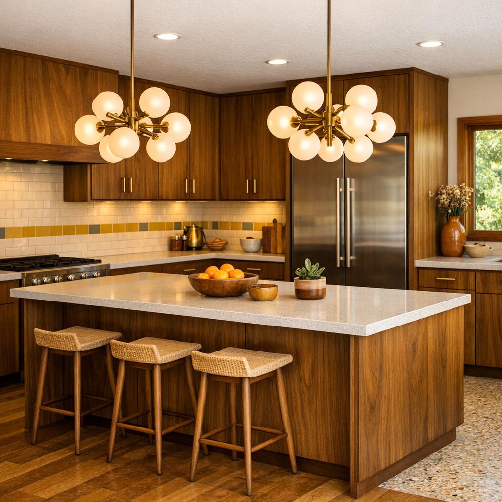 Photorealistic interior rendering of a kitchen remodel in Mid-Century Modern style. Sputnik or globe pendan...