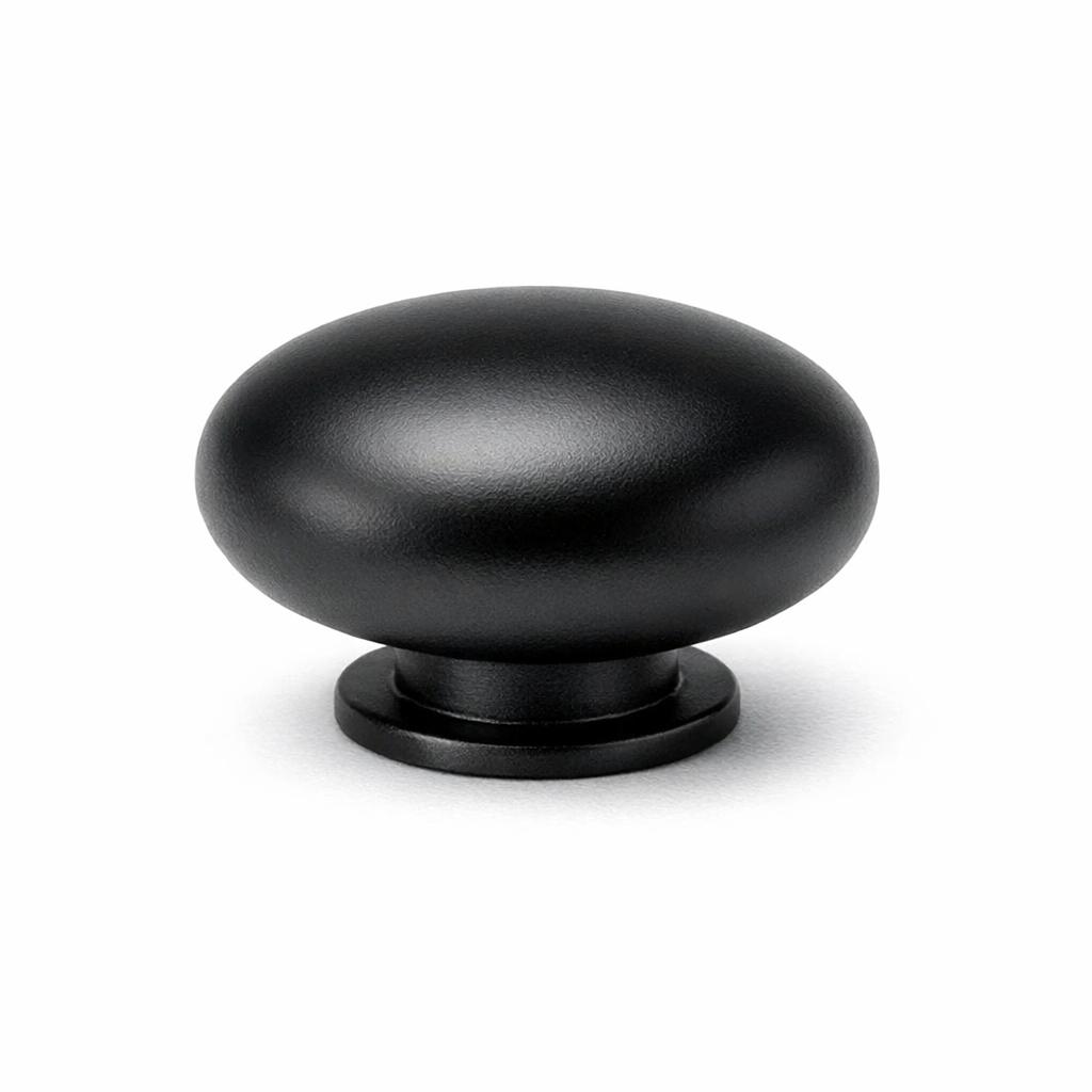 Commercial product photograph. A single residential cabinet knob. Smooth surface texture. Round Knob shape. Matte Black 