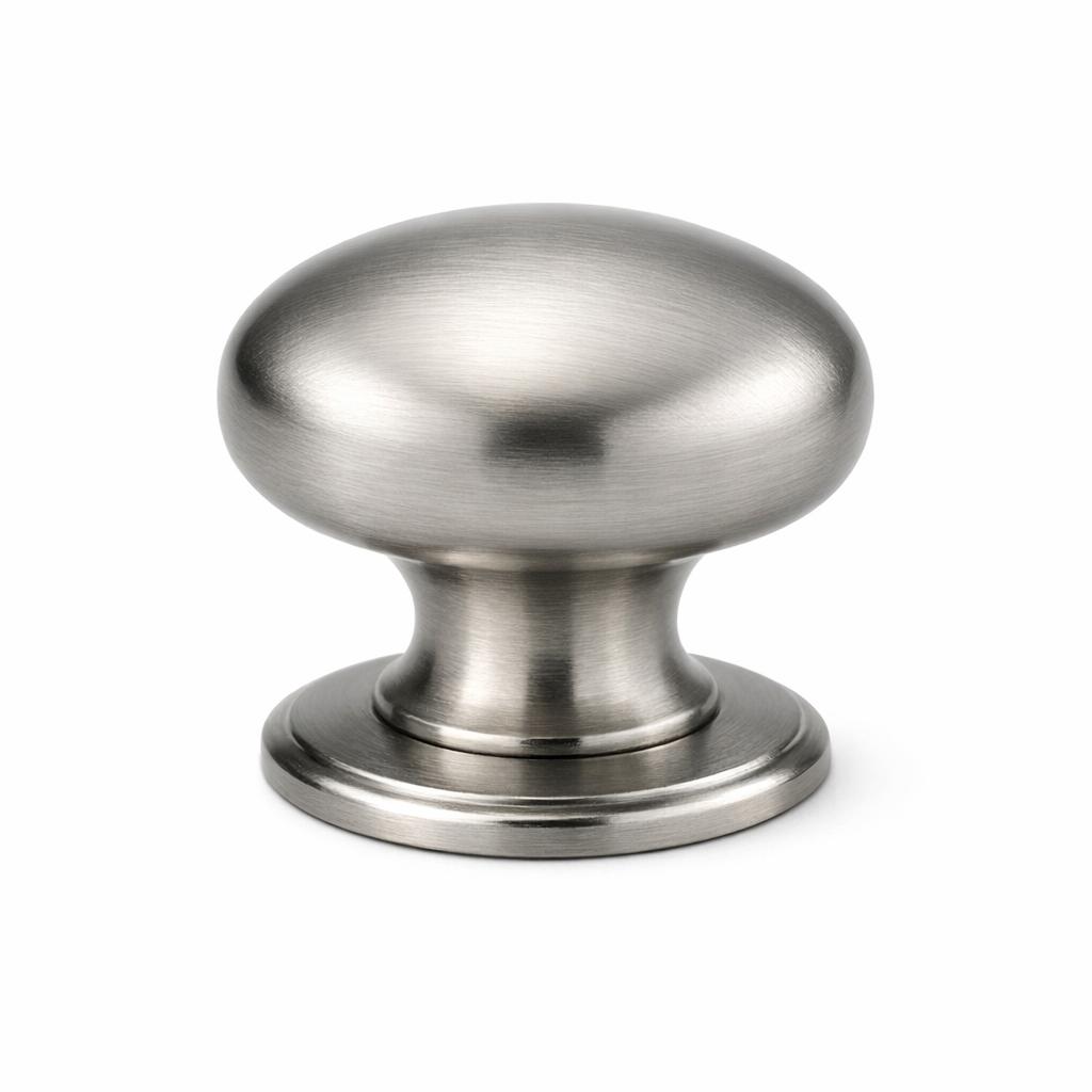 Commercial product photograph. A single residential cabinet knob. Smooth surface texture. Round Knob shape....