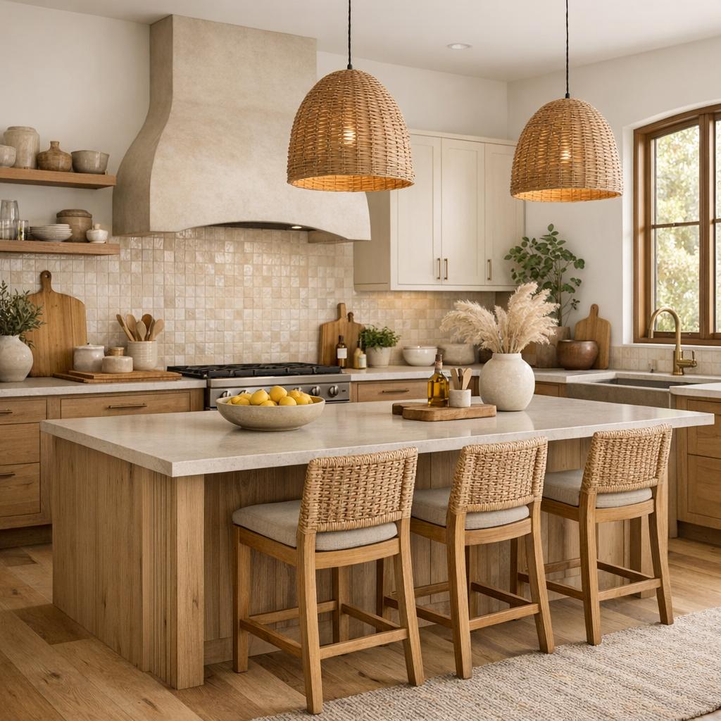 Photorealistic interior rendering of a kitchen remodel. Design style: Organic Modern. The space should feel...