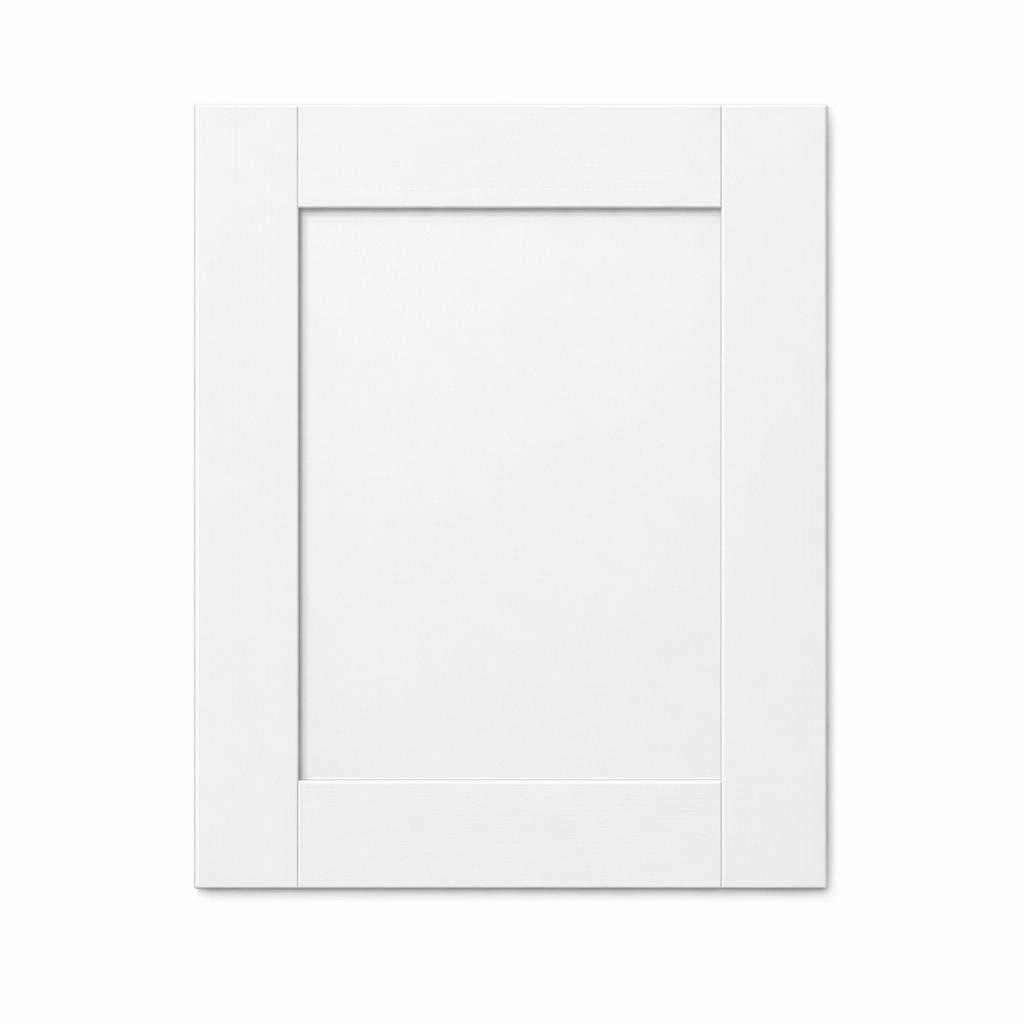 A single flat-lay product photograph of a Shaker kitchen cabinet door panel. Material: MDF. Color: White. F...