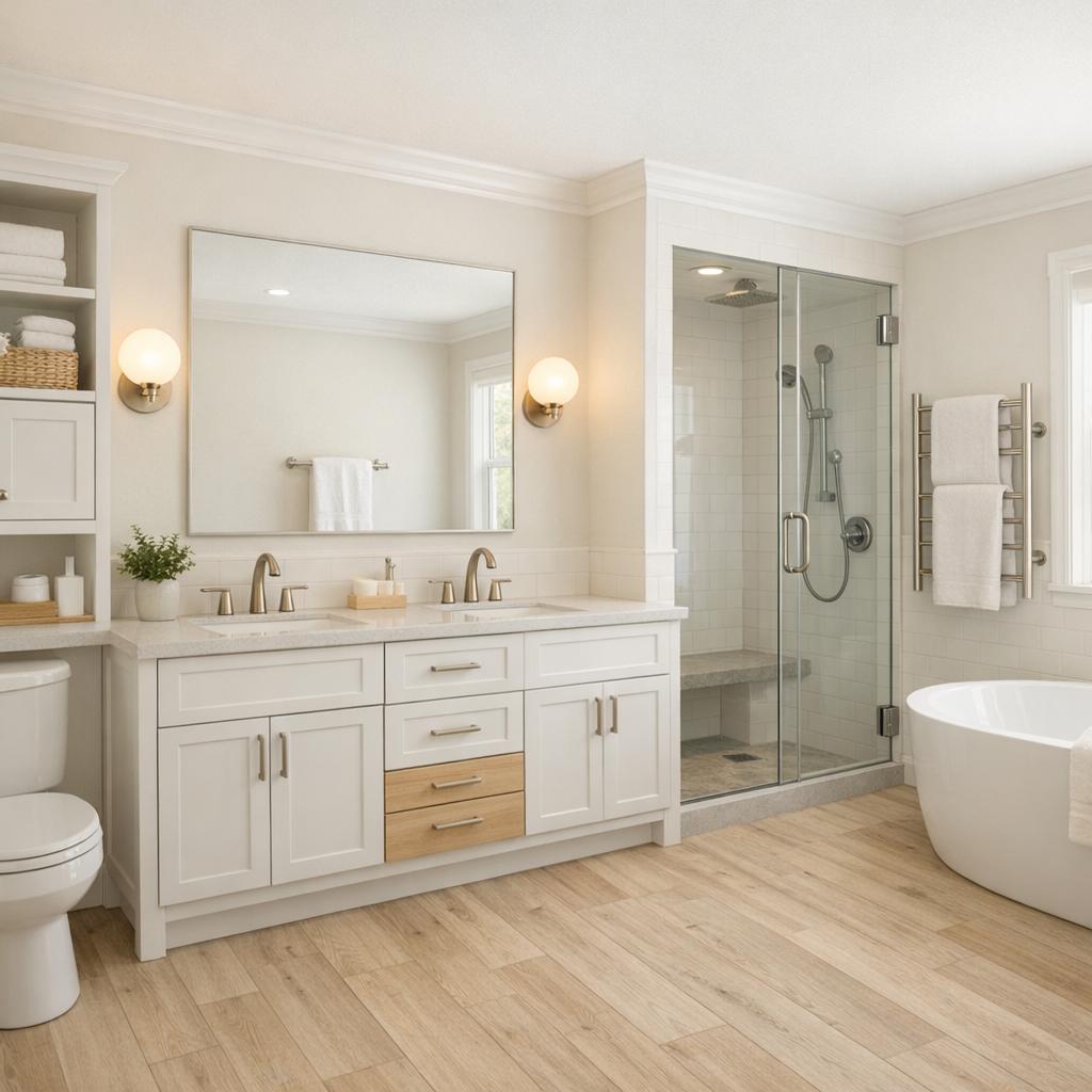 Photorealistic interior rendering of a bathroom remodel in Scandinavian style. Two matching simple round or globe sconces evenly flanking the mirror, with warm bulbs; white or soft-white flat or simple vanity with light birch or pale oak accents and minimal hardware - the palest, whitest of the styles, no rattan or woven materials. Light neutral quartz top, minimal white tile shower surround, light natural wood-look flooring, simple round or frameless mirror; bright, calm, low-contrast, matte surfaces, no high gloss, no dark wood. Stock or prefabricated vanity with a cultured-marble or laminate top, a prefab shower/tub surround or ceramic-tile shower, ceramic tile or LVP flooring, builder-grade faucet and fixtures, basic hardware, a framed mirror - clean and simple, modest and budget-appropriate, not premium or luxury. Color direction: Warm earth tones. The space should feel Bright and airy. Current condition: Outdated - show a realistic remodel of this starting point. Focus the remodel on these elements only: Cabinets, Countertops, Backsplash, Flooring, Lighting, Trim and molding, Paint, Plumbing fixtures, Vanity and countertop, Toilet, Fixtures, Lighting, Mirror, Paint, Trim and molding. Tub and shower configuration: Partial Bath Update - Vanity and countertop, Toilet, Fixtures, Lighting, Mirror, Paint, Trim and molding. Include these features in the scene where they fit naturally: Double Vanity, Soaking Tub, Steam Shower, Heated Towel Rack, Smart Mirror, Linen Tower. Keep these existing items in place rather than replacing them: Appliances, Structural walls. Warm 2700K-3000K lighting, natural daylight from windows, realistic materials, no people, 16:9 aspect ratio, professional architectural photography.