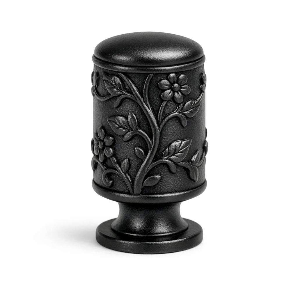 Commercial product photograph. A single residential cabinet knob. Floral surface texture. Round Knob shape....
