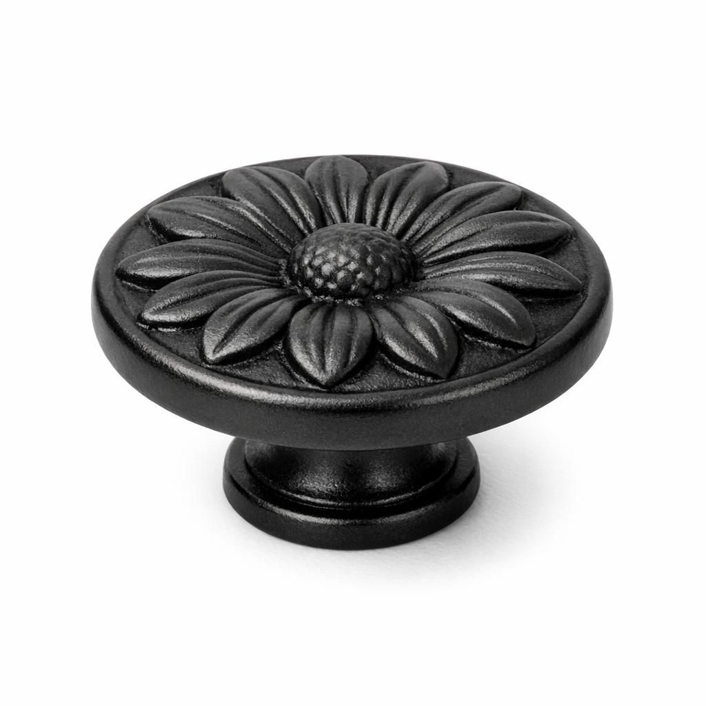 Commercial product photograph. A single residential cabinet knob. Floral surface texture. Round Knob shape....