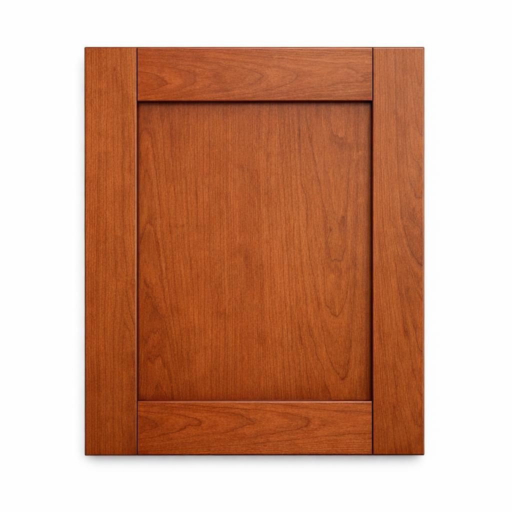 A single flat-lay product photograph of a Shaker kitchen cabinet door panel. Material: MDF. Color: Cherry. Finish: Stain