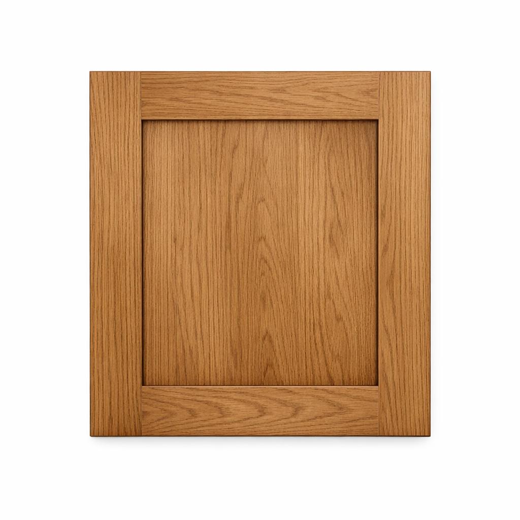 A single flat-lay product photograph of a Shaker kitchen cabinet door panel. Material: MDF. Color: Oak. Finish: Stained.