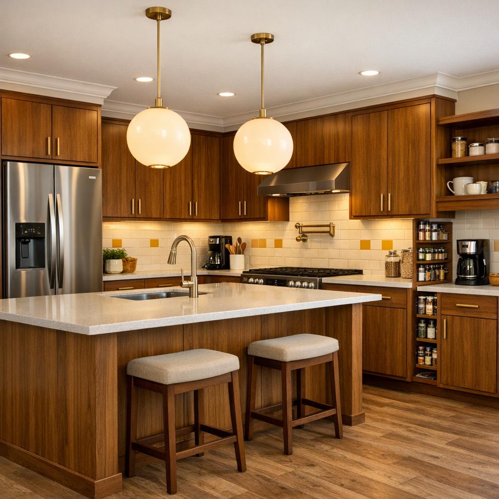 Photorealistic interior rendering of a kitchen remodel in Mid-Century Modern style. Two matching globe or Sputnik pendants, identical in size, centered over the island and evenly spaced in a line parallel to it, with warm bulbs; flat-panel walnut or teak cabinets with strong horizontal lines. Neutral quartz countertops, simple tile backsplash with a single period accent-color tile used sparingly (teal, mustard, or olive), brushed or antique brass cylindrical pulls, medium-tone wood flooring, optional terrazzo; retro but clean, no cool gray, no stark white. Stock or semi-custom cabinetry, entry-grade quartz or laminate countertops, standard ceramic or subway tile, builder-grade faucet and fixtures, basic hardware, LVP flooring - clean and simple, modest and budget-appropriate, not premium or luxury. Color direction: Warm earth tones. The space should feel Bright and airy. Current condition: Outdated - show a realistic remodel of this starting point. Focus the remodel on these elements only: Cabinets, Countertops, Backsplash, Flooring, Lighting, Trim and molding, Paint, Plumbing fixtures, Vanity and countertop, Toilet, Fixtures, Lighting, Mirror, Paint, Trim and molding. Include these features in the scene where they fit naturally: Island, Pantry, Coffee Bar, Pot Filler, Spice Rack Pullout. Keep these existing items in place rather than replacing them: Appliances, Structural walls. Warm 2700K-3000K lighting, natural daylight from windows, realistic materials, no people, 16:9 aspect ratio, professional architectural photography.