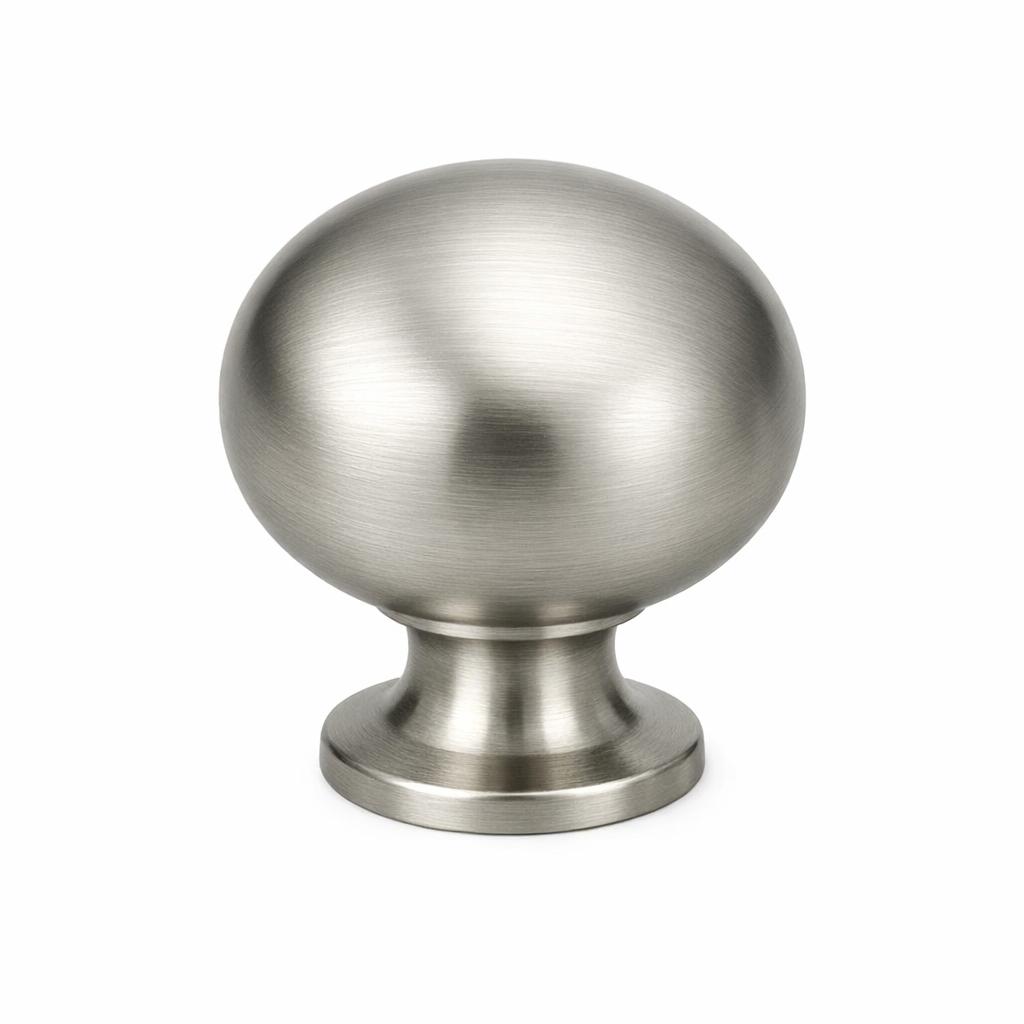 A single product photograph of a Smooth Round Knob cabinet knob in Brushed Nickel finish. Shot straight-on ...