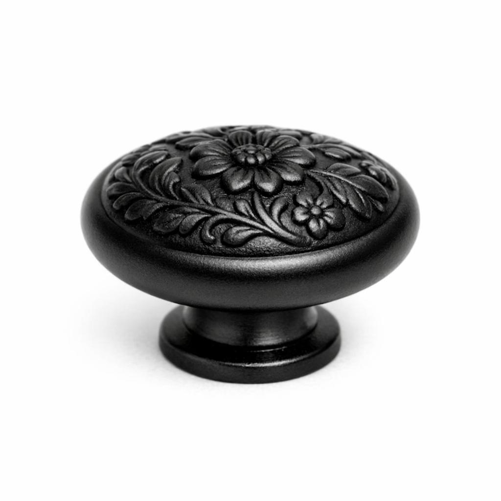 Commercial product photograph. A single residential cabinet knob. Floral surface texture. Round Knob shape....