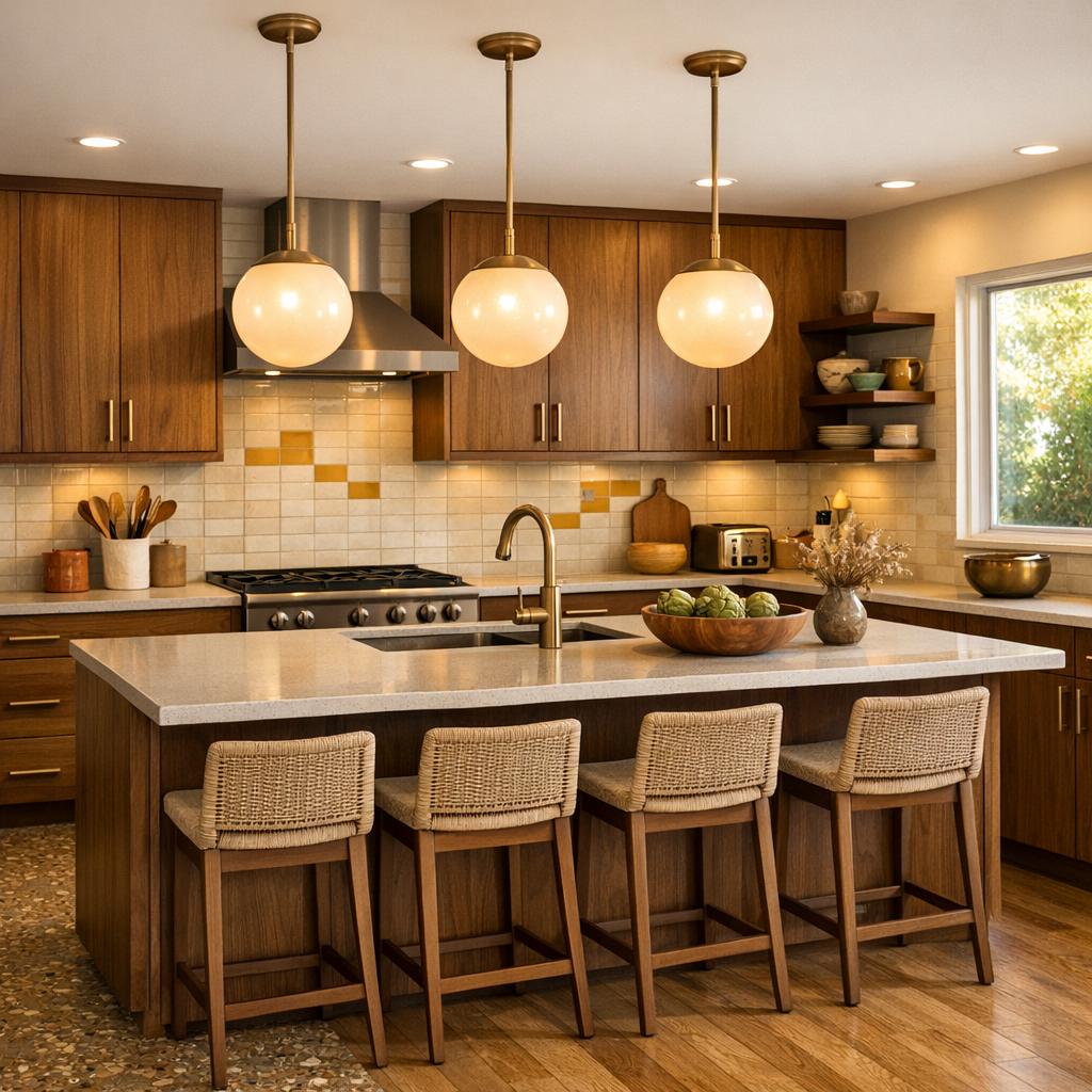 Photorealistic interior rendering of a kitchen remodel in Mid-Century Modern style. Sputnik or globe pendan...
