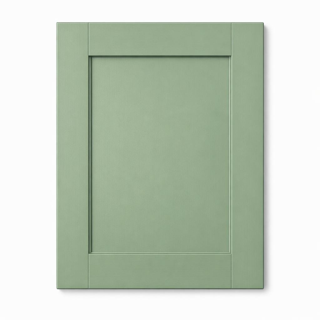 A single flat-lay product photograph of a Shaker kitchen cabinet door panel. Material: MDF. Color: Sage Green. Finish: P