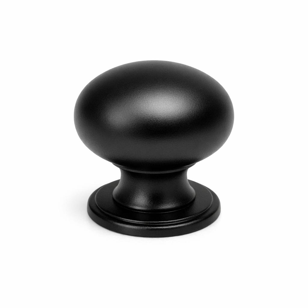 Commercial product photograph. A single residential cabinet knob. Smooth surface texture. Round Knob shape. Matte Black 
