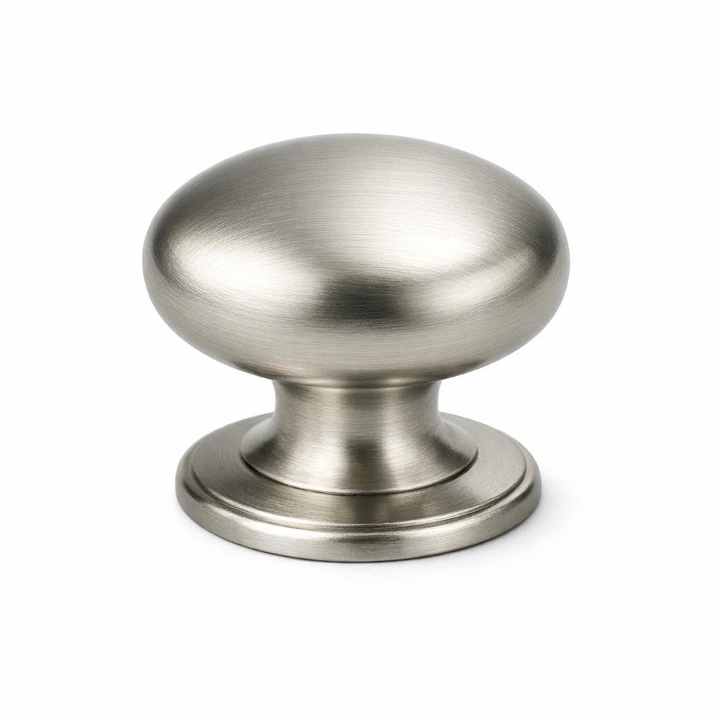 Commercial product photograph. A single residential cabinet knob. Smooth surface texture. Round Knob shape. Brushed Nickel metal finish. Small circular base plate, single mounting post, approximately 1-1/4 inch diameter. Photographed on pure white seamless background (#FFFFFF). Studio softbox lighting, soft shadow directly underneath only. Macro lens, sharp focus throughout. Photorealistic real metal hardware. Not a 3D render. Not an illustration. Not CGI. Real cabinet hardware product photography quality. Variation 1: Providence style cabinet knob: classic mushroom dome top, short thick neck, wide circular base plate with beveled edge. 1-1/4 inch diameter. Smooth surface, no texture, no ribbing, no decorative details..