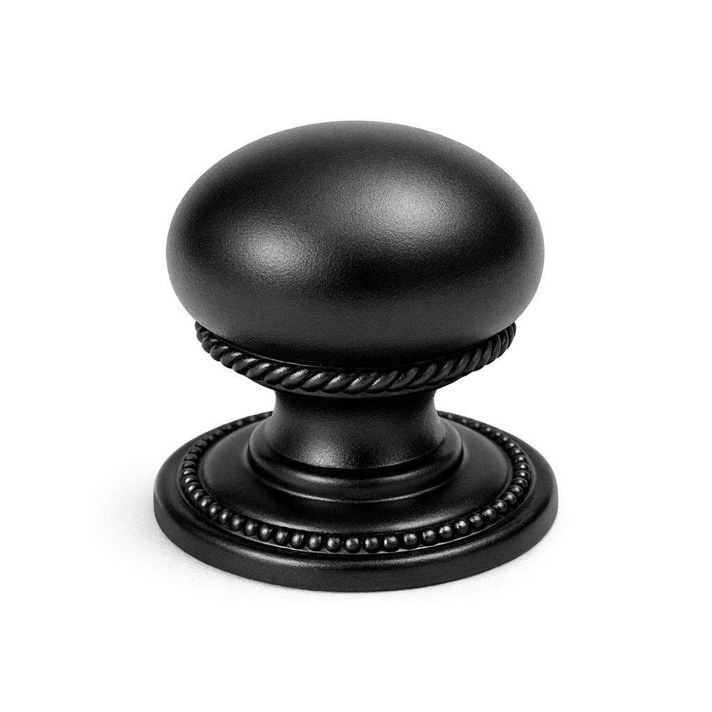 Commercial product photograph. A single residential cabinet knob. Smooth surface texture. Round Knob shape. Matte Black 