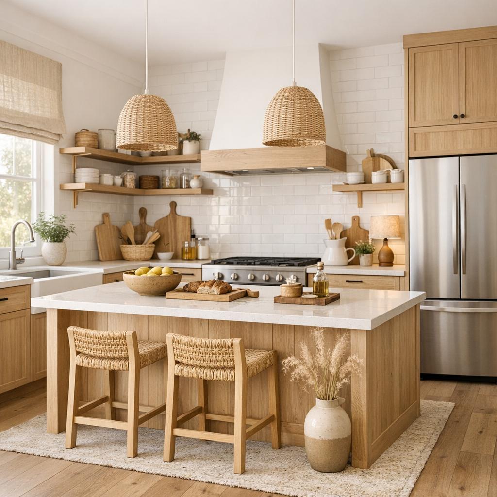 Photorealistic interior rendering of a kitchen remodel. Design style: Scandinavian. The space should feel W...