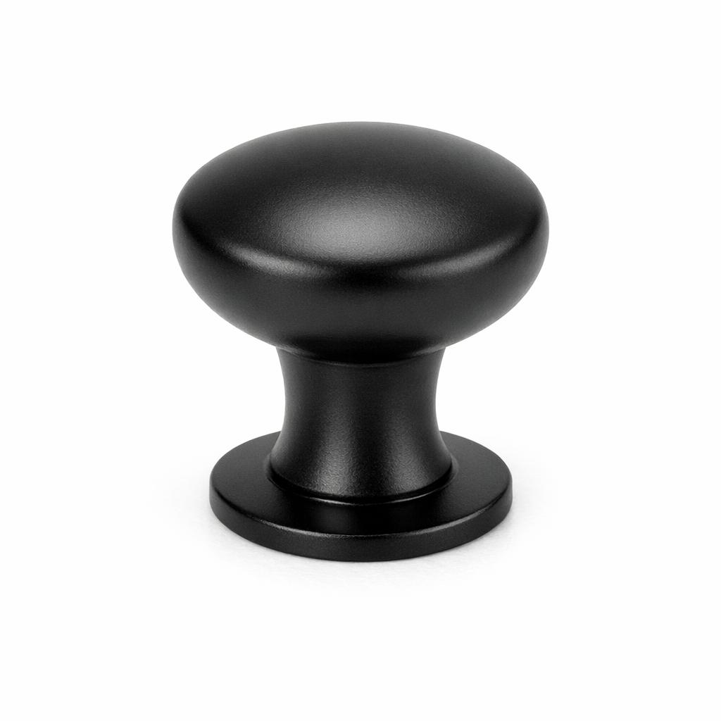 Commercial product photograph. A single residential cabinet knob. Smooth surface texture. Round Knob shape. Matte Black 