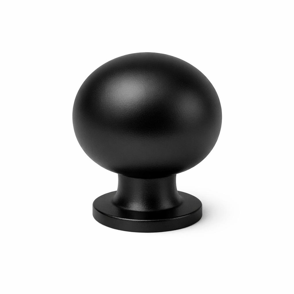 A single product photograph of a Smooth Round Knob cabinet knob in Matte Black finish. Shot straight-on aga...
