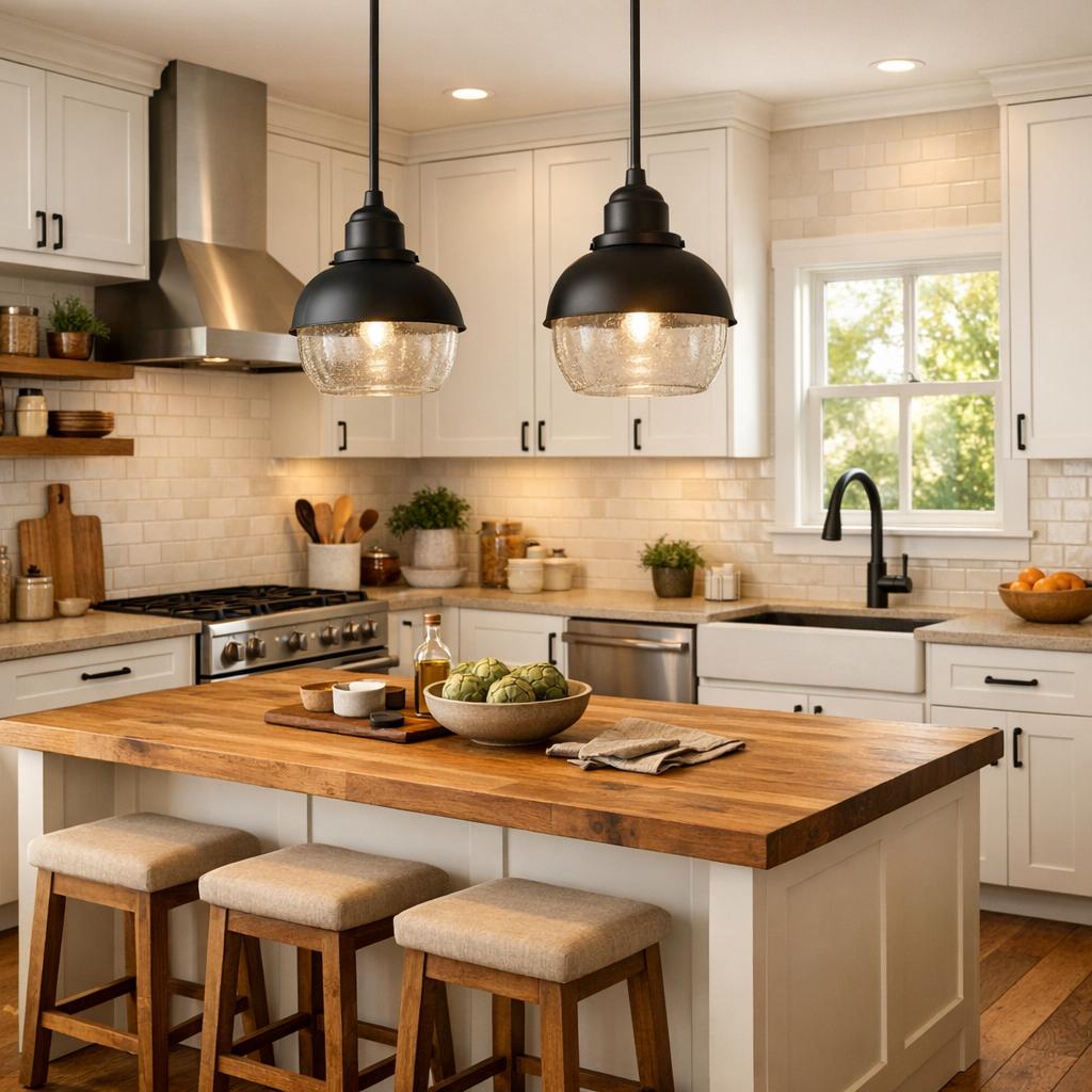 Photorealistic interior rendering of a kitchen remodel in Modern Farmhouse style. Two matte black schoolhou...