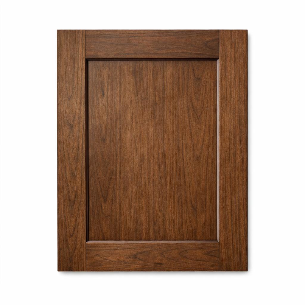 A single flat-lay product photograph of a Shaker kitchen cabinet door panel. Material: MDF. Color: Walnut. Finish: Stain