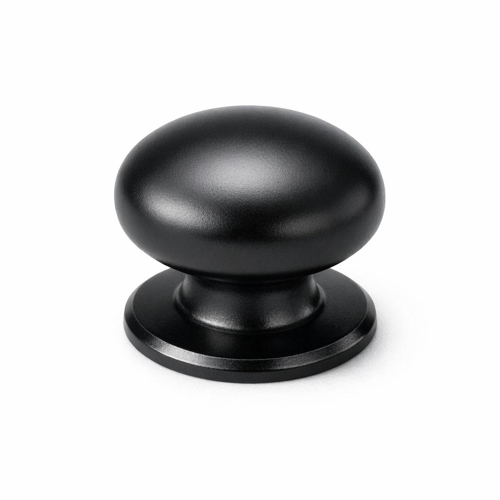 Commercial product photograph. A single residential cabinet knob. Smooth surface texture. Round Knob shape....