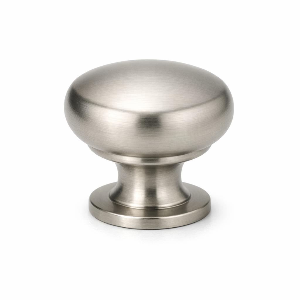 Commercial product photograph. A single residential cabinet knob. Smooth surface texture. Round Knob shape. Brushed Nickel metal finish. Small circular base plate, single mounting post, approximately 1-1/4 inch diameter. Photographed on pure white seamless background (#FFFFFF). Studio softbox lighting, soft shadow directly underneath only. Macro lens, sharp focus throughout. Photorealistic real metal hardware. Not a 3D render. Not an illustration. Not CGI. Real cabinet hardware product photography quality. Variation 5: Overland style cabinet knob: rounded top with defined shoulder, slightly wider middle, short neck, circular base plate. Transitional style. Smooth surface, no texture, no ribbing, no decorative details..