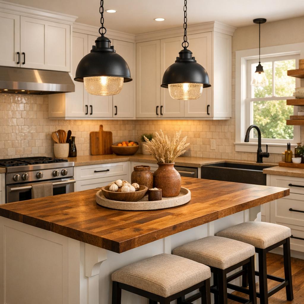 Photorealistic interior rendering of a kitchen remodel in Modern Farmhouse style. Two matte black schoolhou...