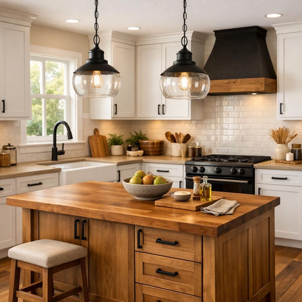 Photorealistic interior rendering of a kitchen remodel in Modern Farmhouse style. Two matte black schoolhou...