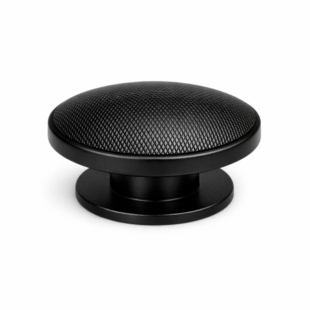 Commercial product photograph. A single residential cabinet knob. Knurled surface texture. Round Knob shape...