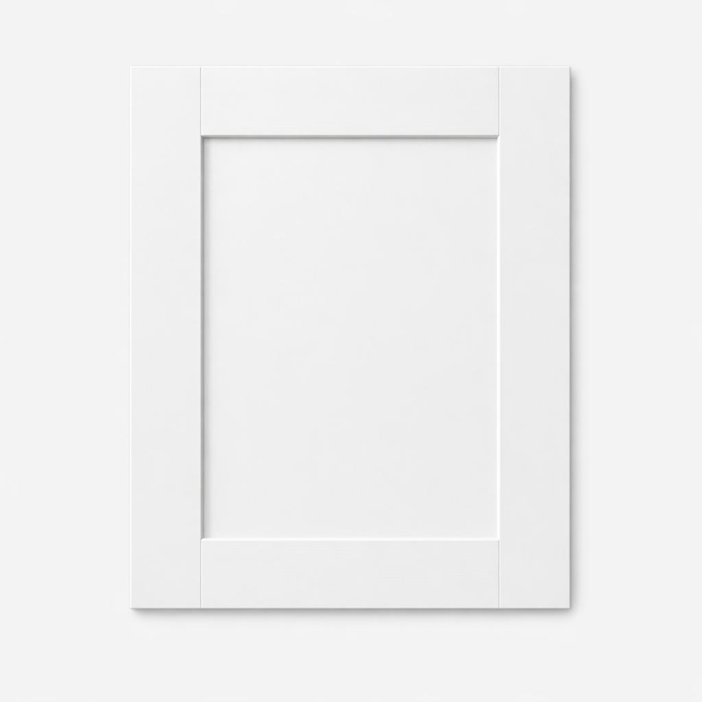 A single flat-lay product photograph of a Shaker kitchen cabinet door panel. Material: MDF. Color: White. F...