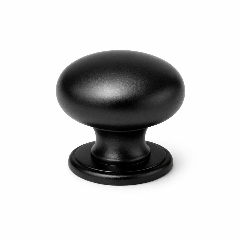 Commercial product photograph. A single residential cabinet knob. Smooth surface texture. Round Knob shape. Matte Black 