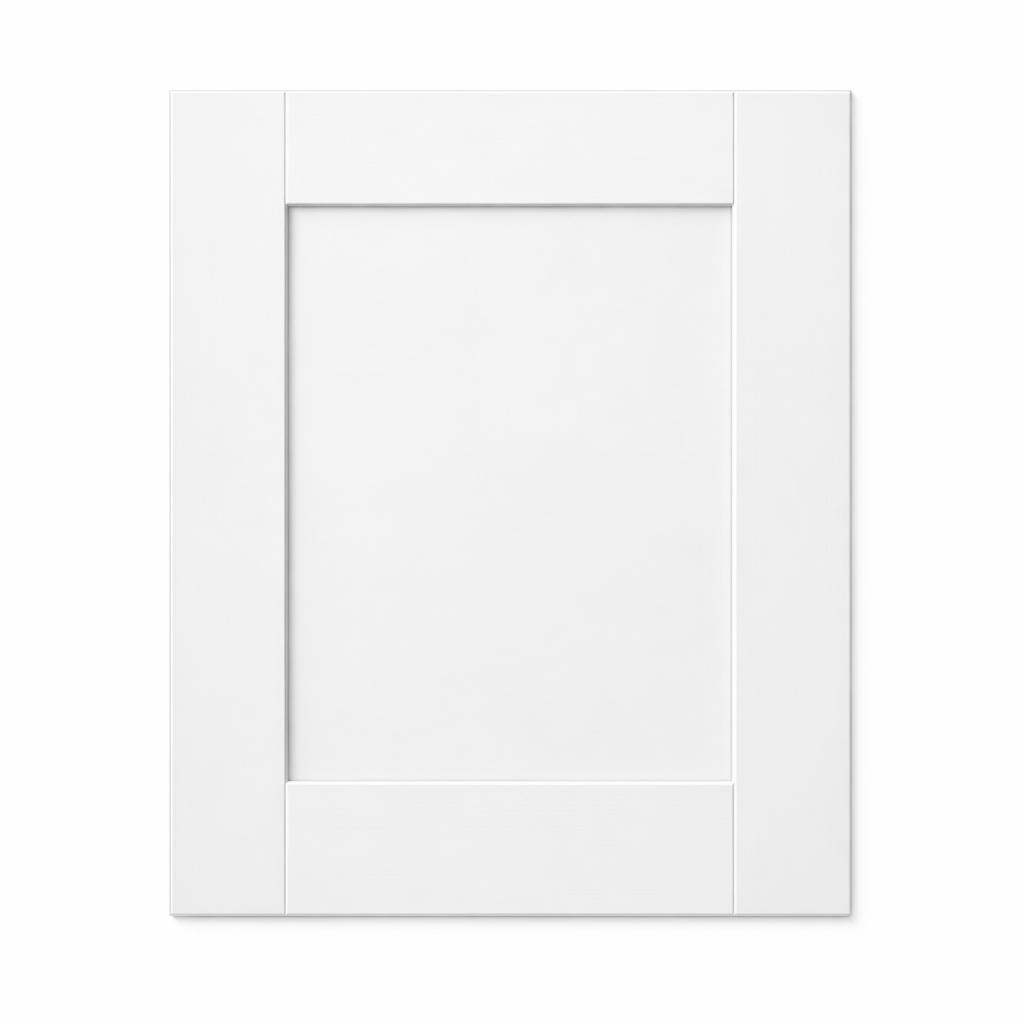 A single flat-lay product photograph of a Shaker kitchen cabinet door panel. Material: MDF. Color: White. F...