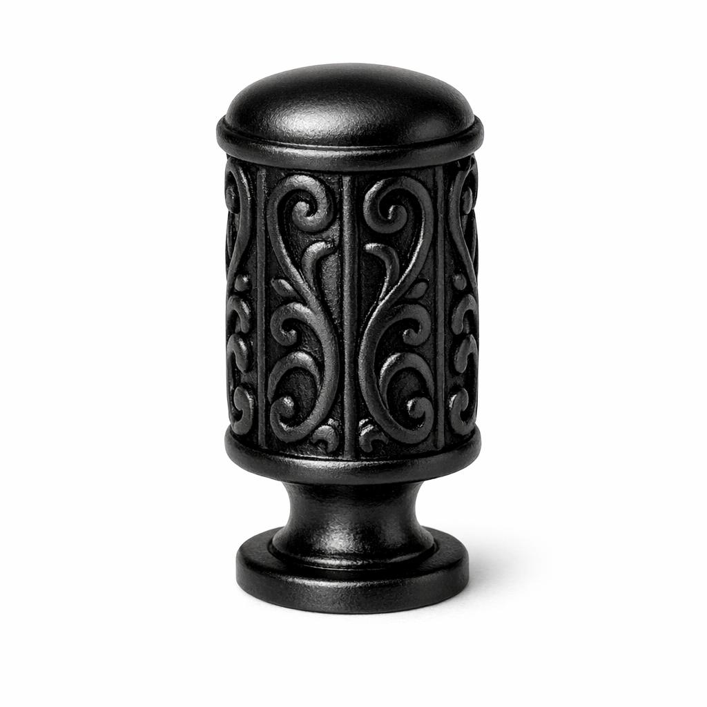 Commercial product photograph. A single residential cabinet knob. Scrollwork surface texture. Round Knob shape. Matte Bl